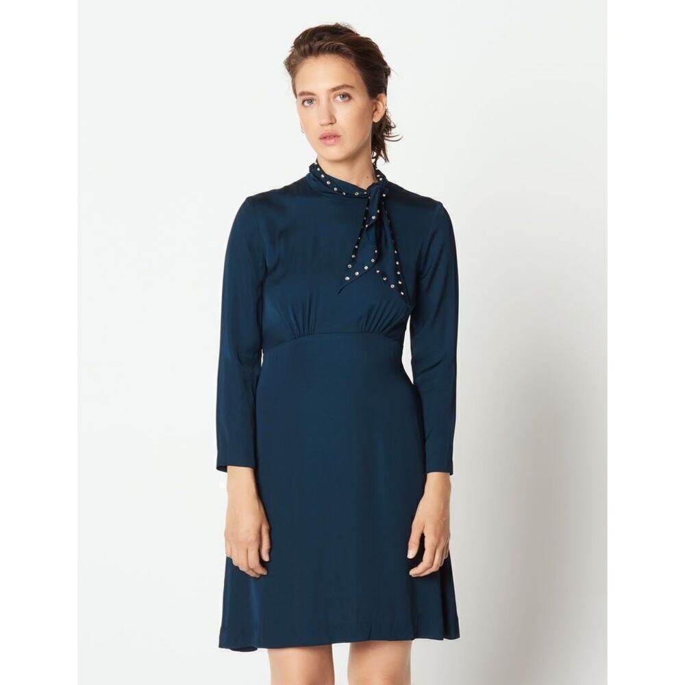 NEW Sandro Studded Bow Collar Dress Silk Blend Women's Teal Size 38